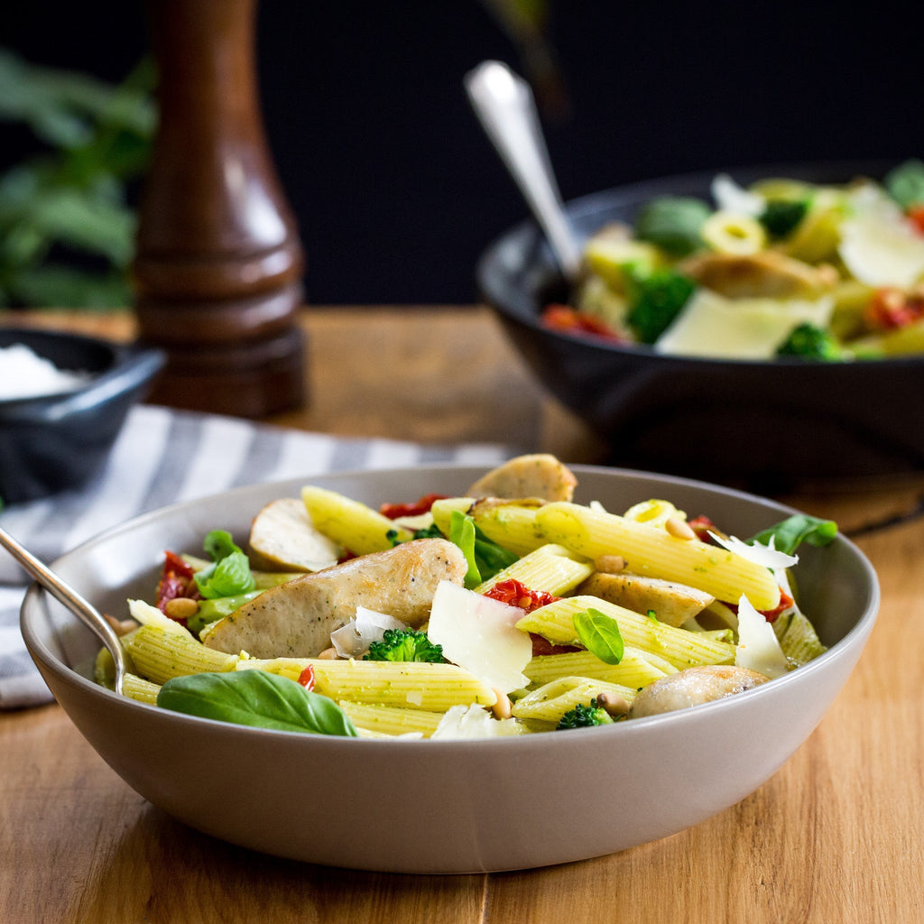 Chicken Chipolatas with Pesto Pasta